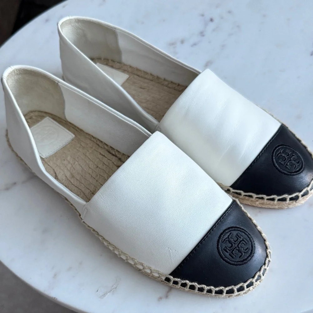 Tory Burch White Leather Espadrilles with Black Toe Cap